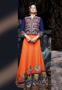 Orange and Dark Beige Net Double Layered Lehenga Choli with Dupatta