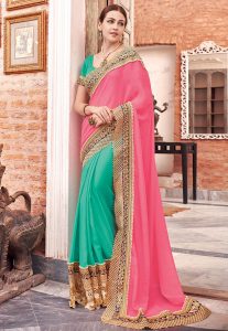 Half N Half Viscose Georgette Saree in Pink and Teal Green