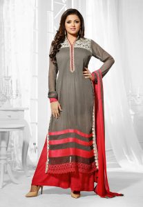 Straight Cut Georgette Suit In Grey