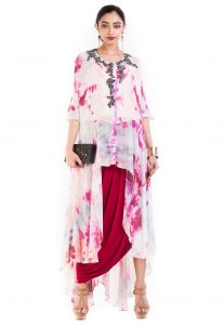 Tie N Dyed Georgette Tunic with Draped Skirt in White