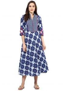 Dabu Printed Cotton Dress in Off White and Indigo Blue