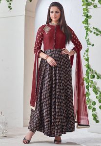 Dabu Printed Dupion Silk Abaya Style Suit in Black