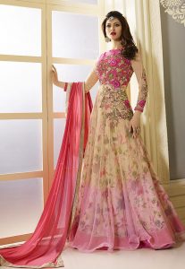 Embroidered Net Abaya Style Suit in Beige and Fuchsia