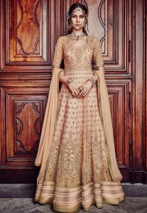 Embroidered Net Abaya Style Suit in Peach