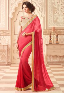 Embroidered Patch Border Georgette Saree in Ombre Red