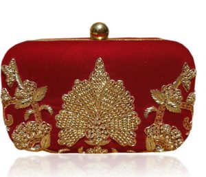 Hand Embroidered Art Silk Clutch Bag in Red