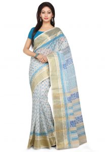 Printed Handloom Cotton Saree in Off White