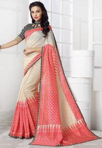 Printed Linen Saree in Beige