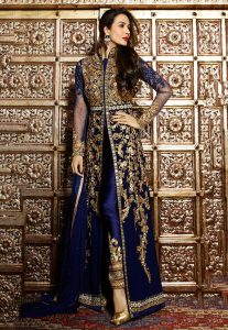 Embroidered Abaya Style Front Slit Georgette Suit in Navy Blue