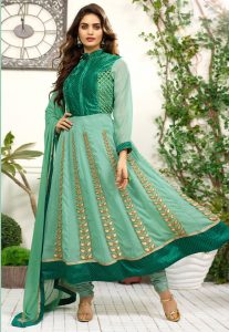 Embroidered Green Georgette Anarkali Suit in Green