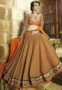 Embroidered Net Lehenga in Orange