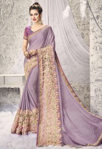 Embroidered Satin Georgette Saree in Lilac
