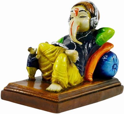An idol showing lord Ganesha listening to music with headphones on, while his mouse looks on. (Image: Prabhu Arts)