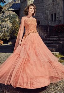 Embroidered Double Layered Abaya Style Net Suit in Peach