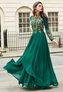 Embroidered Georgette Abaya Style Suit in Teal Green