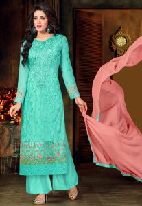 Embroidered Georgette Pakistani Suit in Turquoise