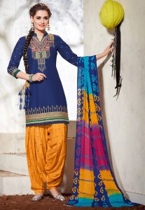 Embroidered Poly Cotton Punjabi Suit in Navy Blue