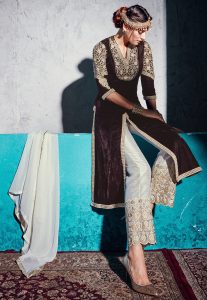 Embroidered Velvet Jacket Style Pakistani Suit in Brown