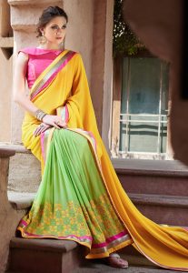 Half N Half Georgette Saree in Yellow and Green