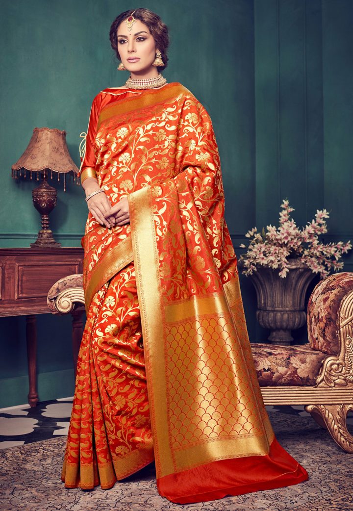 orange kanchipuram wedding saree
