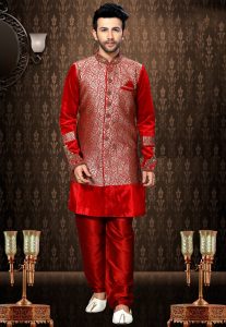 Woven Art Silk Jacquard Sherwani in Red