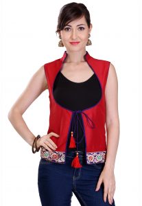 Woven Patch Border Cotton Silk Jacket in Red