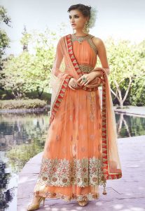 Embroidered Net Anarkali Suit in Peach