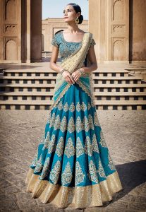 Embroidered Art Silk Circular Lehenga in Teal Blue