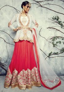 Embroidered Georgette Lehenga in Coral